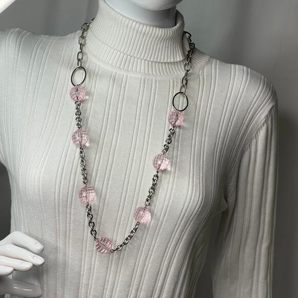 silver tone chunky chain link necklace with faceted pink resin beads jewelry - Picture 6 of 16